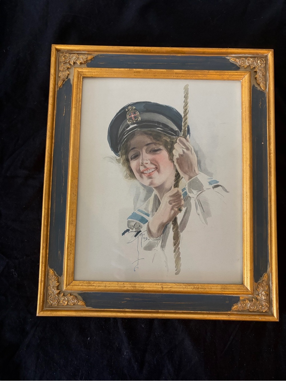 Antique 1913 Harrison Fisher Yachting Girl Nash's Magazine Cover Print Framed